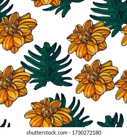 seamless pattern of tropical flowers and leaves hand drawing isolated on white background vector