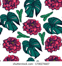 seamless pattern of tropical flowers and leaves hand drawing isolated on white background vector