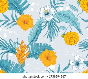 Seamless pattern with tropical flowers and leaves