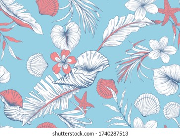 Seamless pattern with tropical flowers, leaves and shells