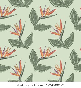 Patrón sin foco con flores tropicales y hojas de Strelitzia Reginae. Estilo realista, dibujado a mano, vector, colores brillantes. Fondo para impresiones, tela, papeles pintados, papel de envoltura.