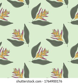 Seamless pattern with tropical flowers and leaves of Strelitzia Reginae. Realistic style, hand drawn, vector, bright colours. Background for prints, fabric, wallpapers, wrapping paper.