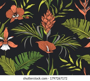 Seamless pattern. Tropical flowers and leaves. Dark background. Trendy colors