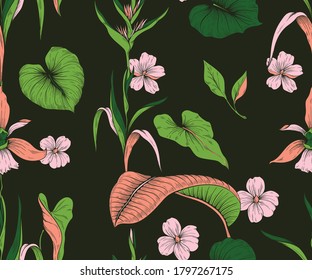 Seamless pattern. Tropical flowers and leaves. Dark background. Trendy colors