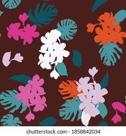 seamless pattern with tropical flowers and leaves, vector design for paper, fabric.