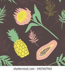 Seamless pattern with tropical flowers, leaves and fruits. Protea blossom, papaya, pineapple. On dark brown burgundy background.