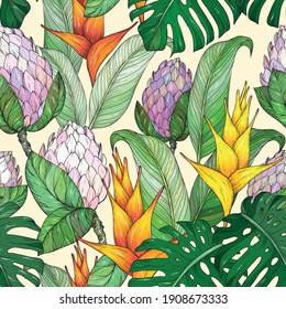 Seamless pattern with Tropical flowers and leaves. Vector hand drawn jungle leaves and exotic flowers. Black and white