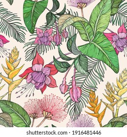 Seamless pattern with Tropical flowers and leaves. Vector jungle leaves and exotic plants