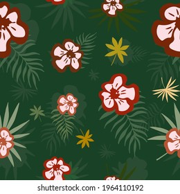 A seamless pattern of tropical flowers and leaves with vibrant red and green colors. Endless floral pattern