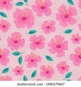 Seamless pattern with tropical flowers and leaves. Stock vector illustration.