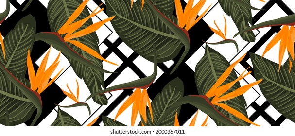 Seamless pattern with tropical flowers and leaves of strelitzia reginae on geometric black and white background. Vector illustration.