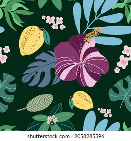 Seamless pattern with tropical flowers, leaves and lemon on a dark background. For fabric, printing, wallpaper, website, packaging, textiles.
