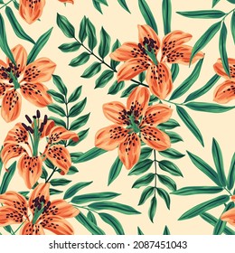 Seamless pattern with tropical flowers and leaves. Vintage floral pattern with exotic plants: tiger lily and green bamboo and palm foliage. Spring, summer floral background. Vector.