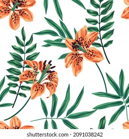 Seamless pattern with tropical flowers and leaves on a white background. Floral pattern with tiger lily bamboo and palm leaves in delicate pastel colors. Modern floral print design. Vector.