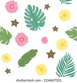 Seamless pattern with tropical flowers and leaves. Vector illustration 