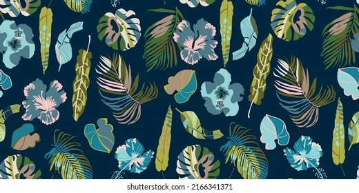 seamless pattern with tropical flowers and leaves, vector design for paper, fabric and other surface