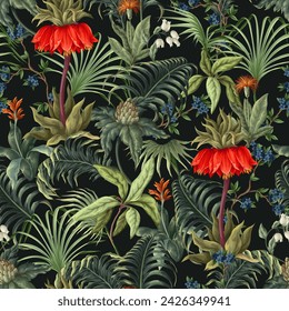 Seamless pattern with tropical flowers, leaves and buds. Vector