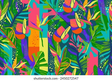 Seamless pattern with tropical flowers, leaves and abstract elements. Colorful bright summer pattern. Monstera, palm, croton leaves, anthurium flowers, strelitzia. Modern exotic jungle. Vector.