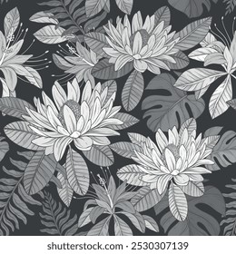 Seamless pattern with Tropical flowers and leaves. Vector exotic design, Hawaiian plants, monochrome