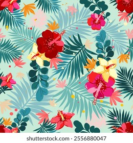 Seamless pattern with tropical flowers and leaves. Background for fabric, covers, wallpaper.