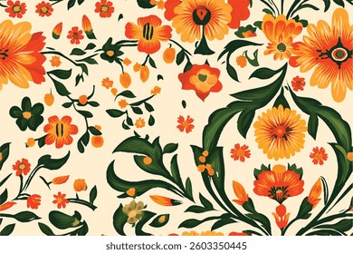 Seamless pattern with tropical flowers and leaves on a white background, design in warm orange and green tones. Perfect for textiles and art projects. Vector Illustration.