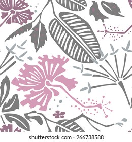 Seamless pattern with tropical flowers and leaves. 