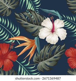 Patrón sin fisuras. Flores y hojas tropicales. Fondo oscuro. Colores de moda