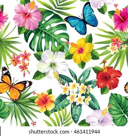 Seamless pattern with tropical flowers, leaves and butterflies. Vector illustration.