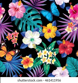 Seamless pattern with tropical flowers, leaves and butterflies. Vector illustration.