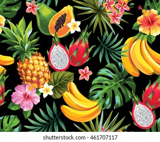 Seamless pattern with tropical flowers, leaves and fruits. Vector illustration.