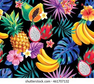 Seamless pattern with tropical flowers, leaves and fruits. Vector illustration.