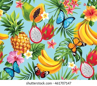 Seamless pattern with tropical flowers, leaves and butterflies. Vector illustration.