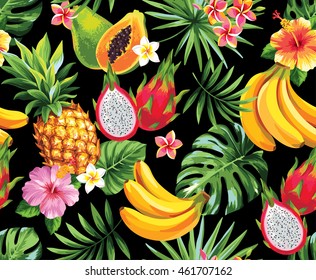 Patrón inoxidable con flores tropicales, hojas y frutas. Ilustración vectorial.