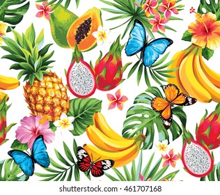 Seamless pattern with tropical flowers, leaves and butterflies. Vector illustration.