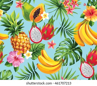 Seamless pattern with tropical flowers, leaves and fruits. Vector illustration.