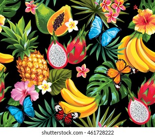 Seamless pattern with tropical flowers, leaves and butterflies. Vector illustration.