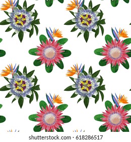 Seamless pattern with tropical flowers and leaves. Tropic floral wallpaper isolated on white. Background for postcards, wedding invitations, templates, greeting cards.