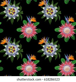 Seamless pattern with tropical flowers and leaves. Tropic floral wallpaper isolated on black. Background for postcards, wedding invitations, templates, greeting cards.