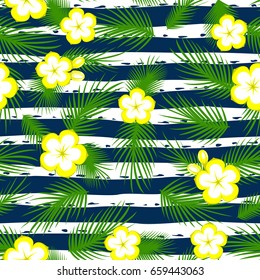Seamless pattern tropical flowers and leaves with strip.