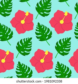 A seamless pattern of tropical flowers and monstera leaves. Vector illustration