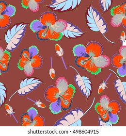 Seamless pattern of tropical flowers, multicolor hibiscus on a brown background, dense jungle. Hand painted. Pattern with tropic summertime motif may be used as texture, wrapping paper, textile design