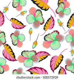 Seamless pattern of tropical flowers, multicolor hibiscus on a white background, dense jungle. Hand painted. Pattern with tropic summertime motif may be used as texture, wrapping paper, textile design