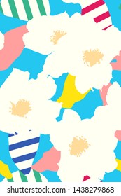 Seamless pattern of tropical flowers on pastel blue background and geometric shapes elements, simple summer vibe design