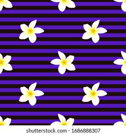 Seamless pattern with tropical flowers on a dark striped background.
