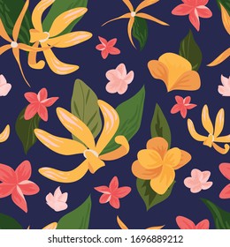 Seamless pattern with tropical flowers on dark blue background, bright colorful flowers and leaves