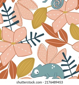 Seamless pattern tropical flowers on white background in scandinavian style for fabric, textile, wallpaper