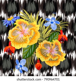 Seamless pattern with tropical flowers on  background with abstract grunge texture. Flower background for textile, cover, wallpaper, gift packaging, printing.Romantic design for calico, silk.
