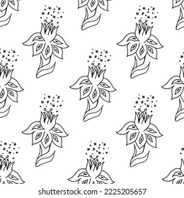 Seamless pattern with tropical flowers. Outline flower background. Print for wallpaper and fabric.