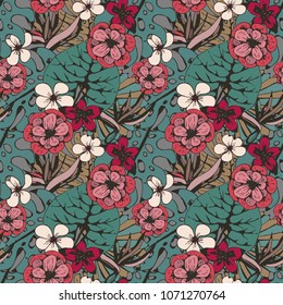 Seamless pattern with tropical flowers, palm leaves. Botanical background texture. Wallpaper
