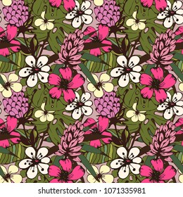 Seamless pattern with tropical flowers, palm leaves. Botanical background texture. Wallpaper